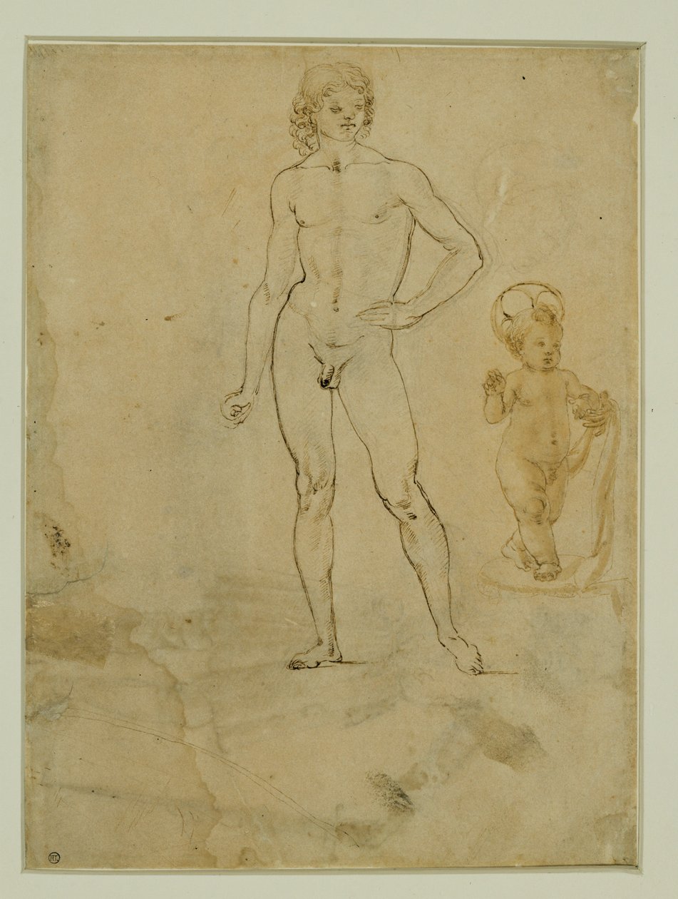 Een naakte jongeling, staand;het kindje Jezus;vrouwenportret naar rechts gedraaid ... door Francesco di Simone (attr. to)