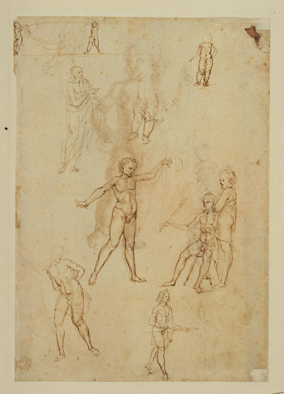 Figuurstudies. Pen en bruine inkt, metalen punt Roze gekleurd papier ... door Francesco di Simone (attr. to)