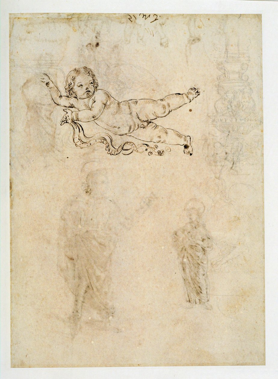 Studie van een kind;een gebeeldhouwd ornament;een harpij ... door Francesco di Simone (attr. to)
