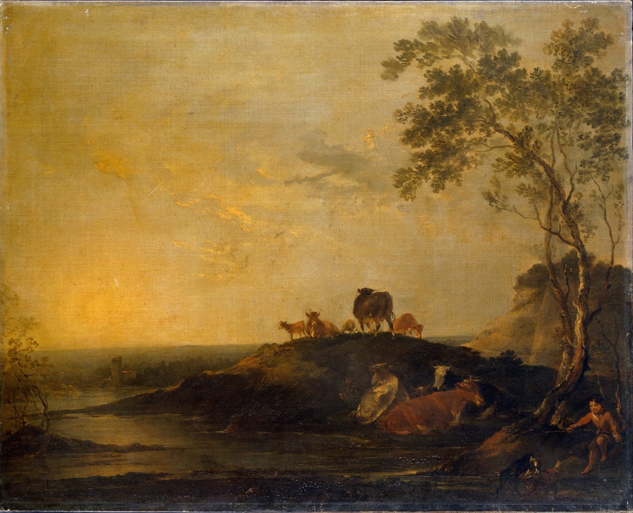 Landschap met Vee Koeien op een Heuveltje bij een Stroom door Francis Bourgeois
