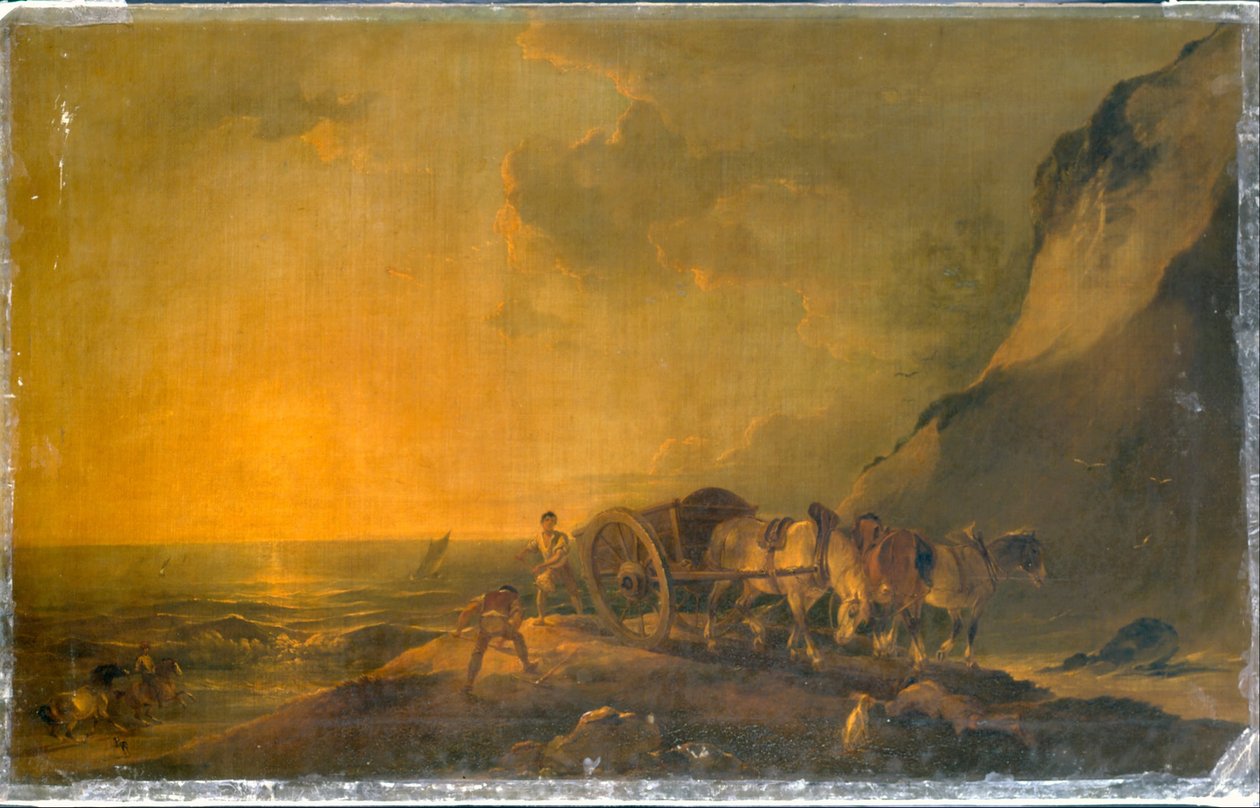 Zee kust met paard en wagen door Francis Bourgeois