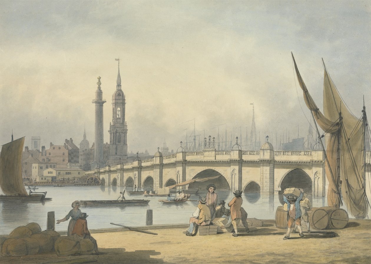 London Bridge en het Monument, ca. 1795 door Francis Nicholson