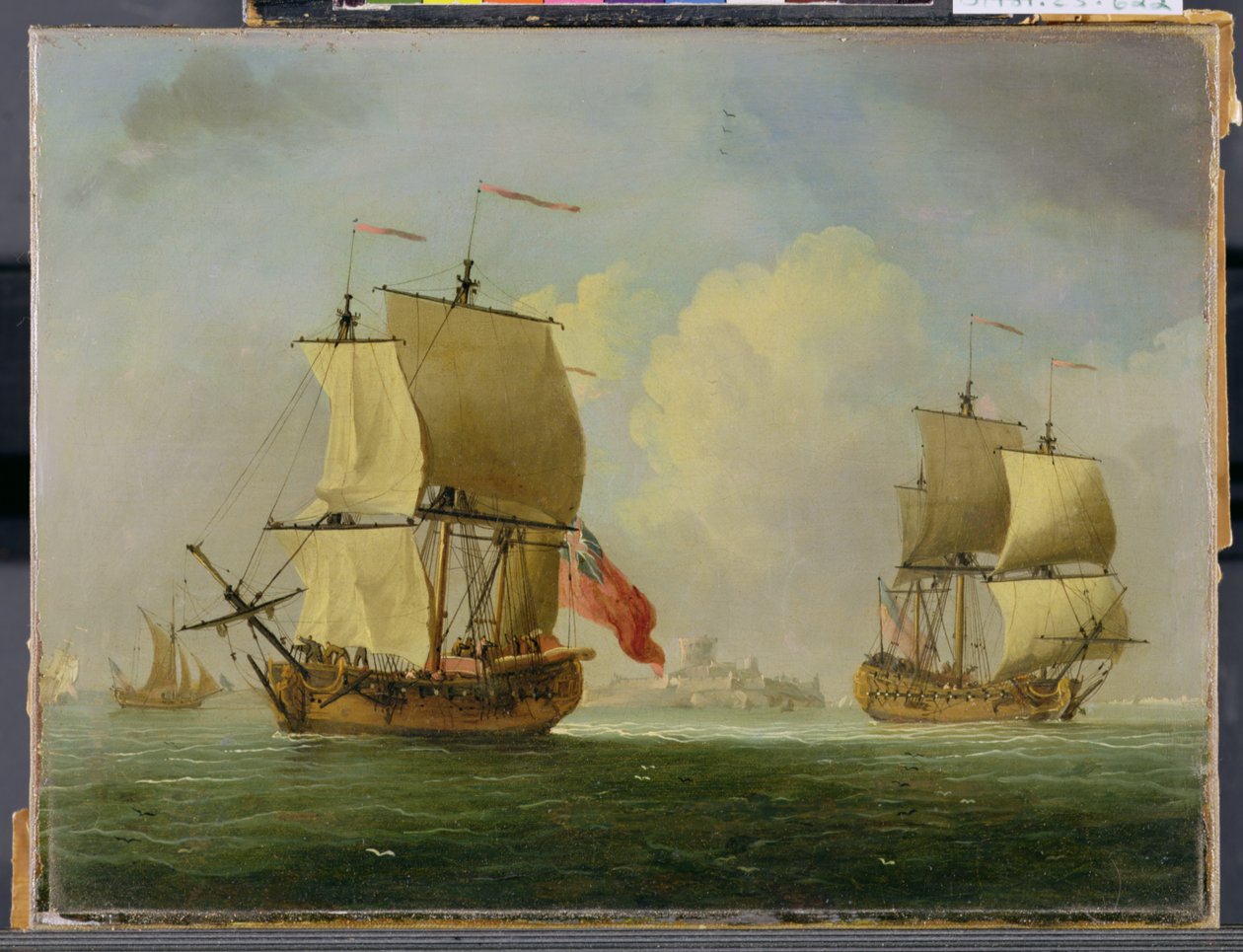Een Engelse sloep en een fregat in een lichte bries door Francis Swaine