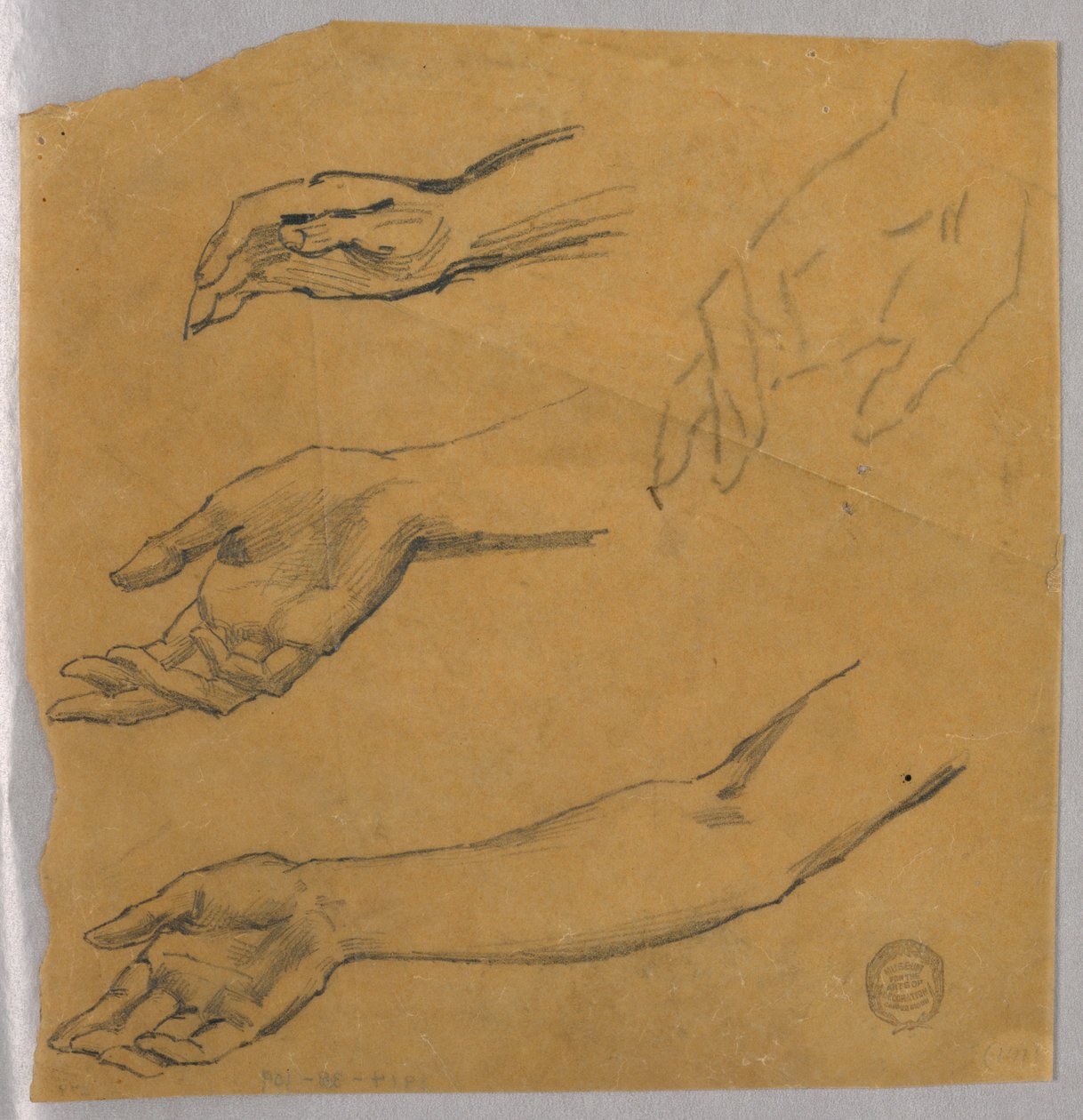 Drie studies van een hand en arm door Francis Augustus Lathrop