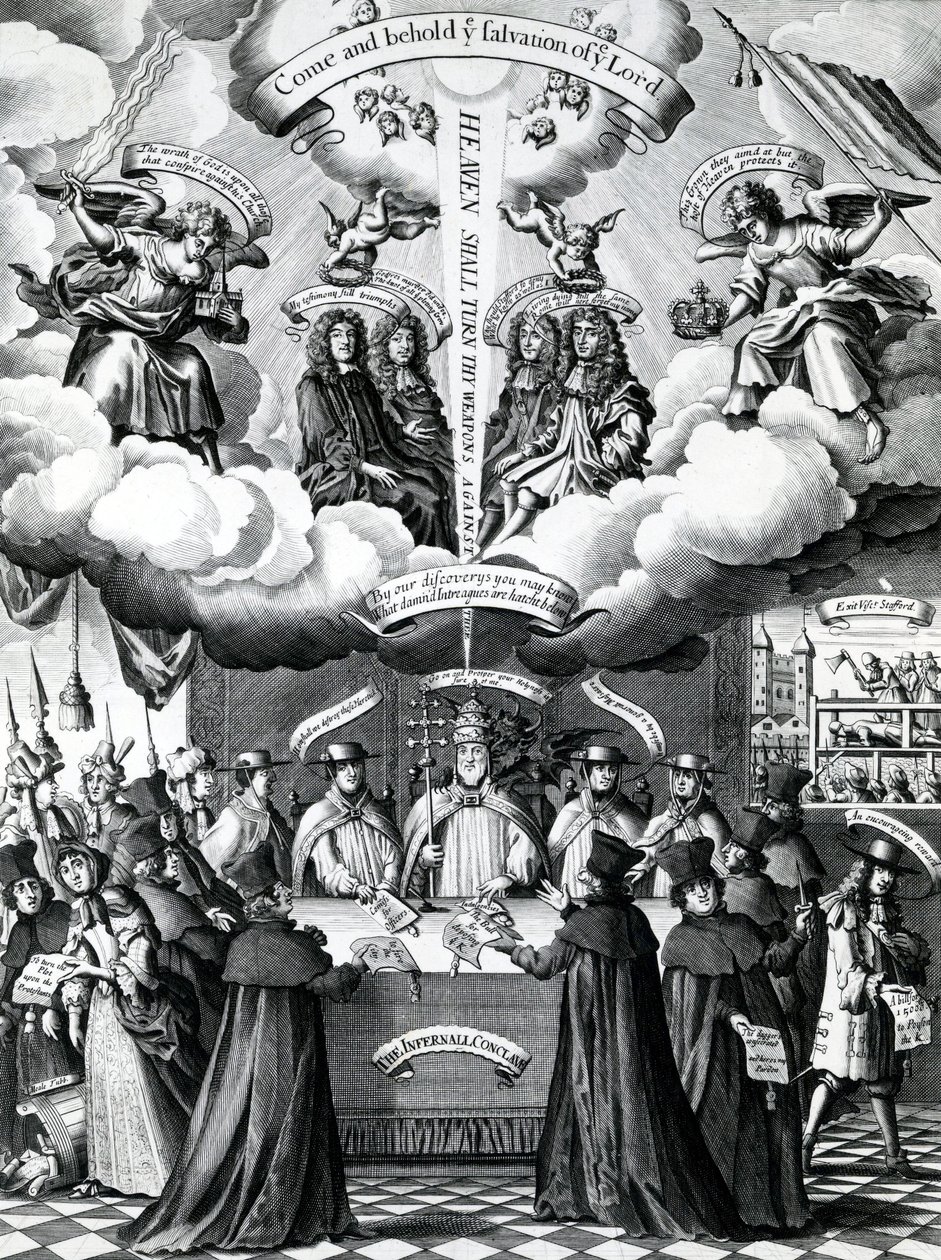 De Gelukkige Instrumenten van de Behoud van Engeland, gepubliceerd door Benjamin Combe na Francis Barlow, april 1681 door Francis Barlow