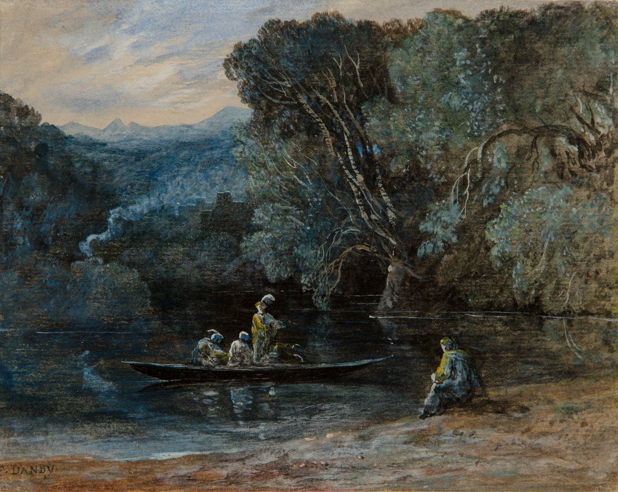 Rivierscène met boot en figuren, ca. 1825 door Francis Danby