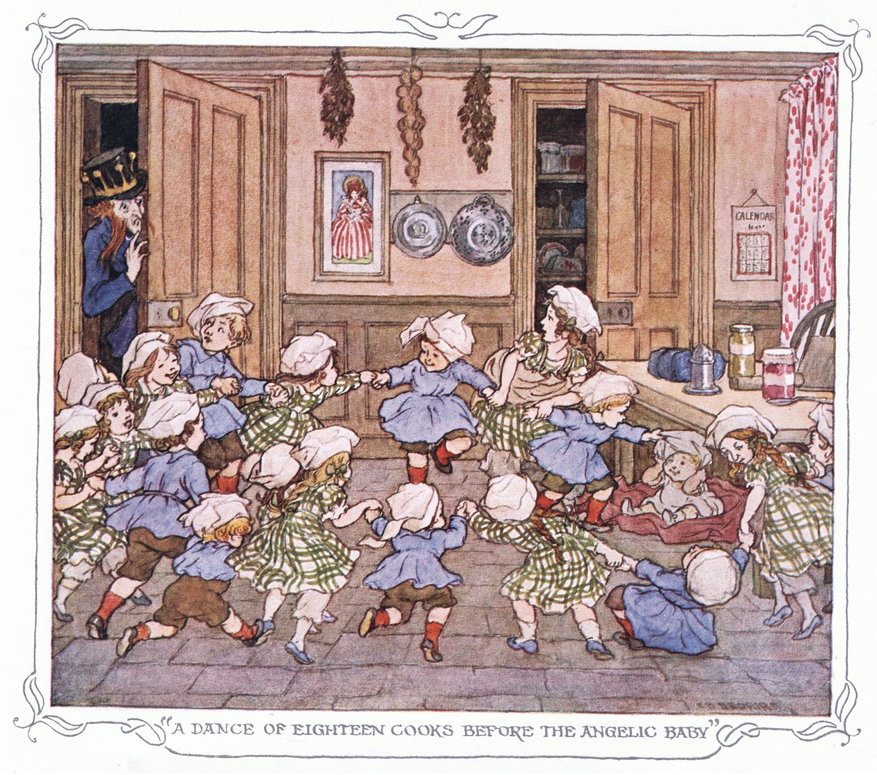 "Een dans van achttien koks voor de engelachtige baby", uit The Magic Fishbone pub.by Warne  Co, c.1940 (kleurenlitho) door Francis Donkin Bedford