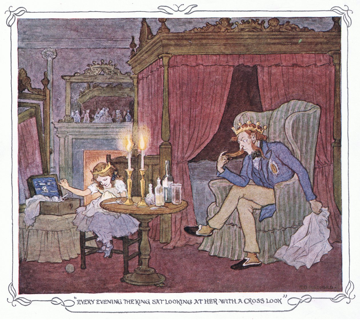 Elke avond zat de koning met een schele blik naar haar te kijken, uit The Magic Fishbone pub.by Warne  Co, c.1940 (kleurenlitho) door Francis Donkin Bedford