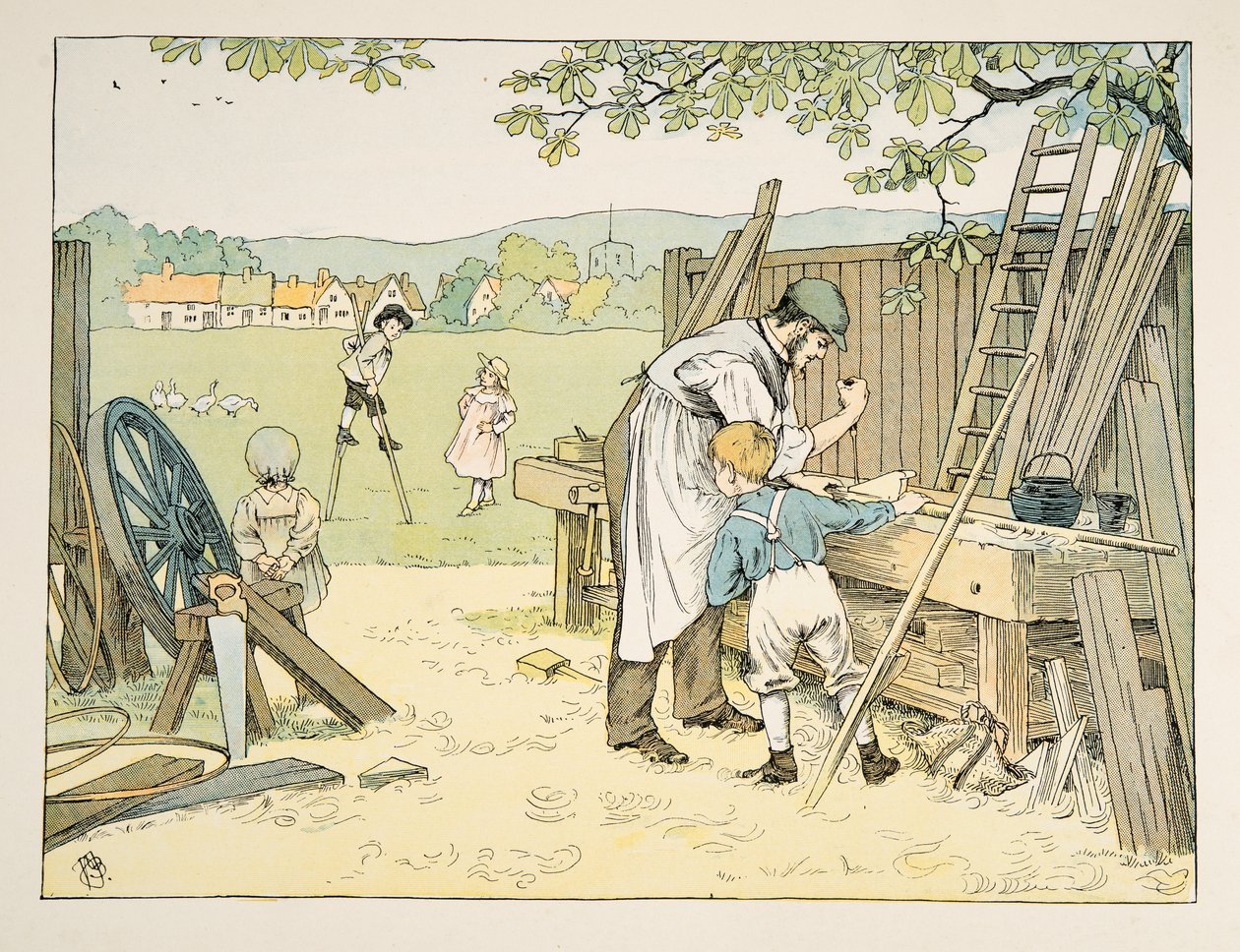 De timmerman, uit Vier en twintig zwoegers, pub. 1900 (kleurenlitho) door Francis Donkin Bedford