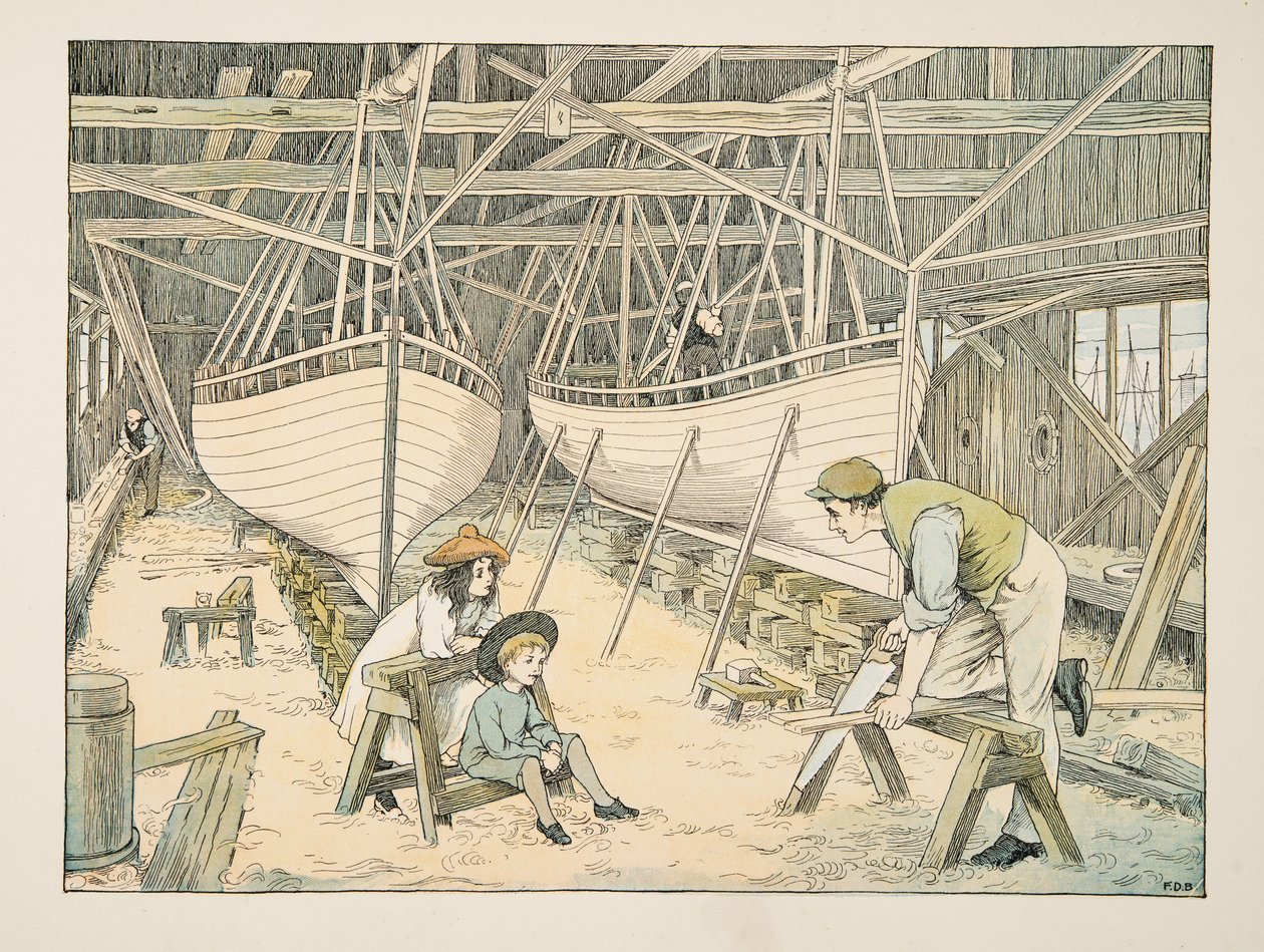 De scheepsbouwer, uit Four and Twenty Toilers, pub. 1900 (kleurenlitho) door Francis Donkin Bedford