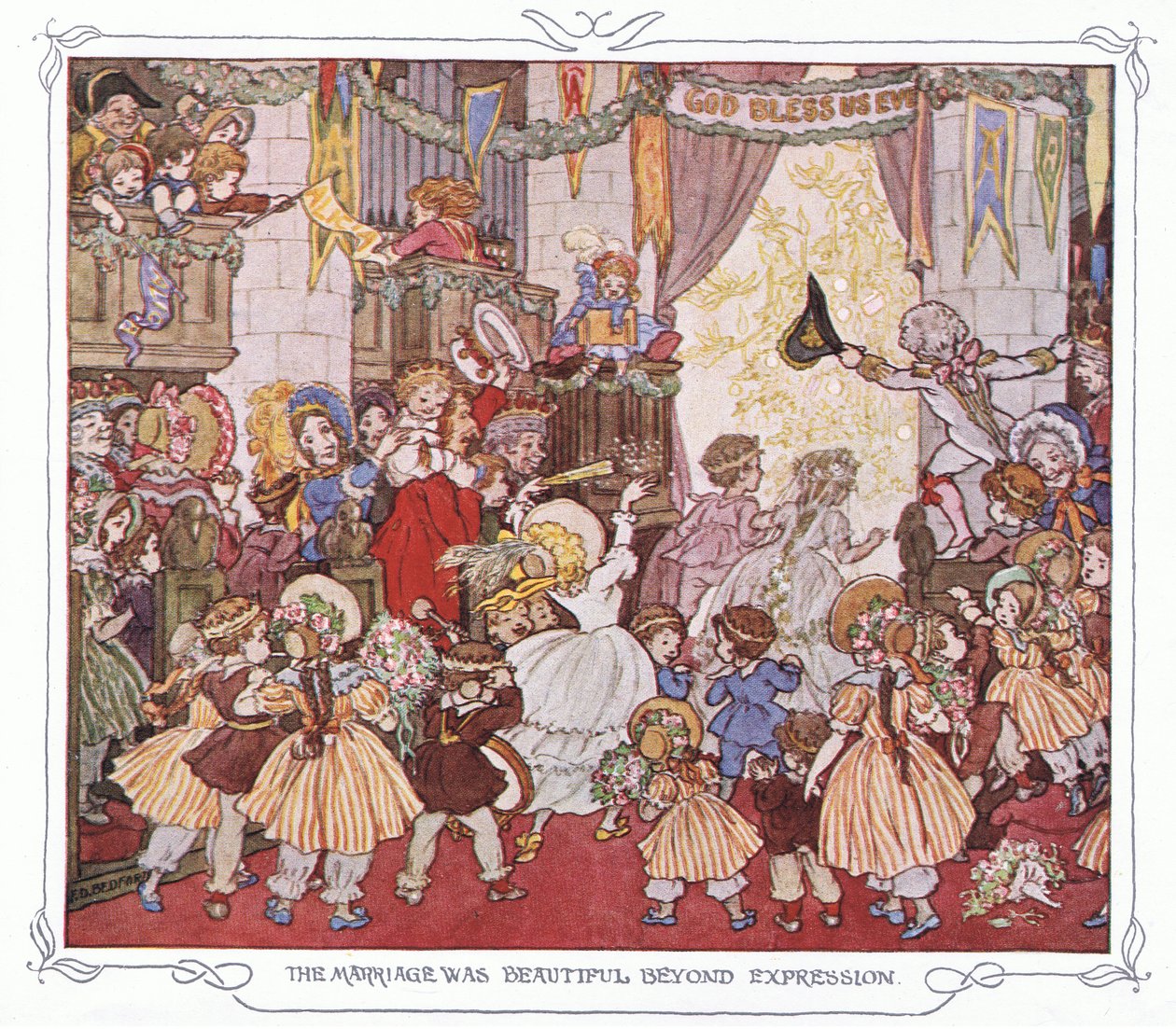 Het huwelijk was onuitsprekelijk mooi, uit The Magic Fishbone pub.by Warne  Co, c.1940 (kleurenlitho) door Francis Donkin Bedford