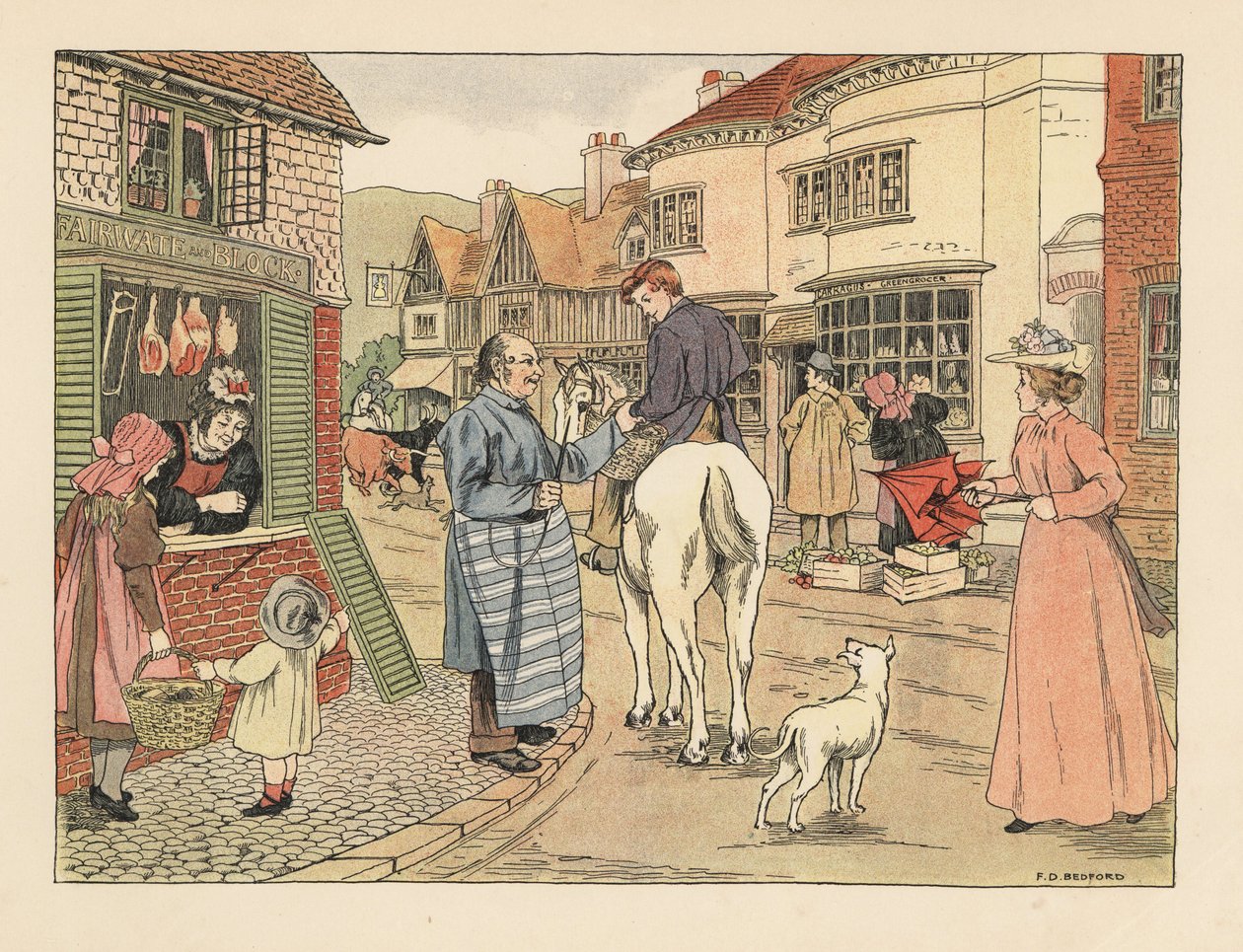 Victoriaanse slager en slagersjongen te paard in een dorpsstraat. Chromolithografie naar een illustratie van Francis Donkin Bedford uit The Book of Shops van Edward Verrall Lucas. door Francis Donkin Bedford