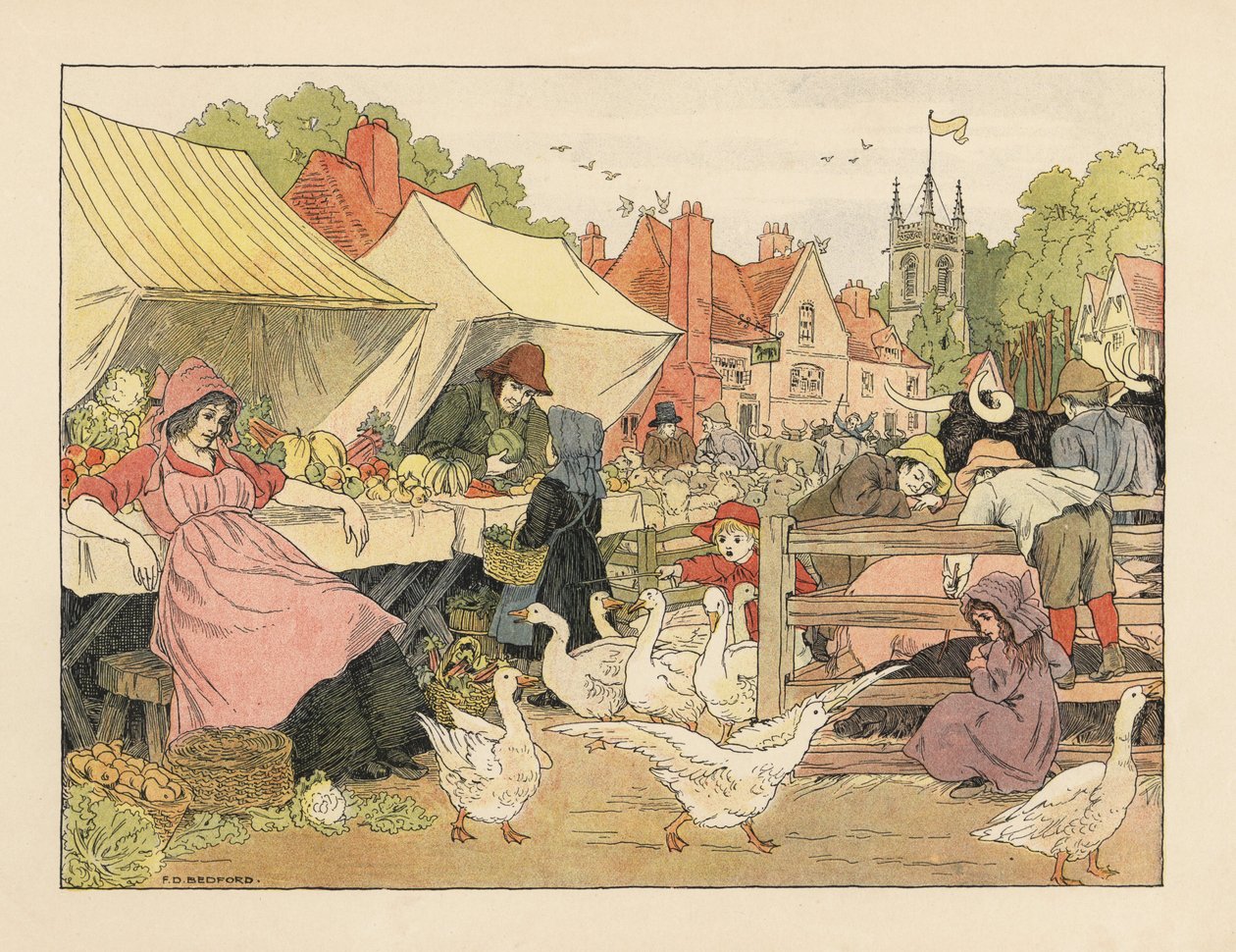 Victoriaanse kinderen kopen groenten, jagen op ganzen en porren varkens op een dorpsmarkt. Chromolithografie naar een illustratie van Francis Donkin Bedford uit The Book of Shops van Edward Verrall Lucas. door Francis Donkin Bedford