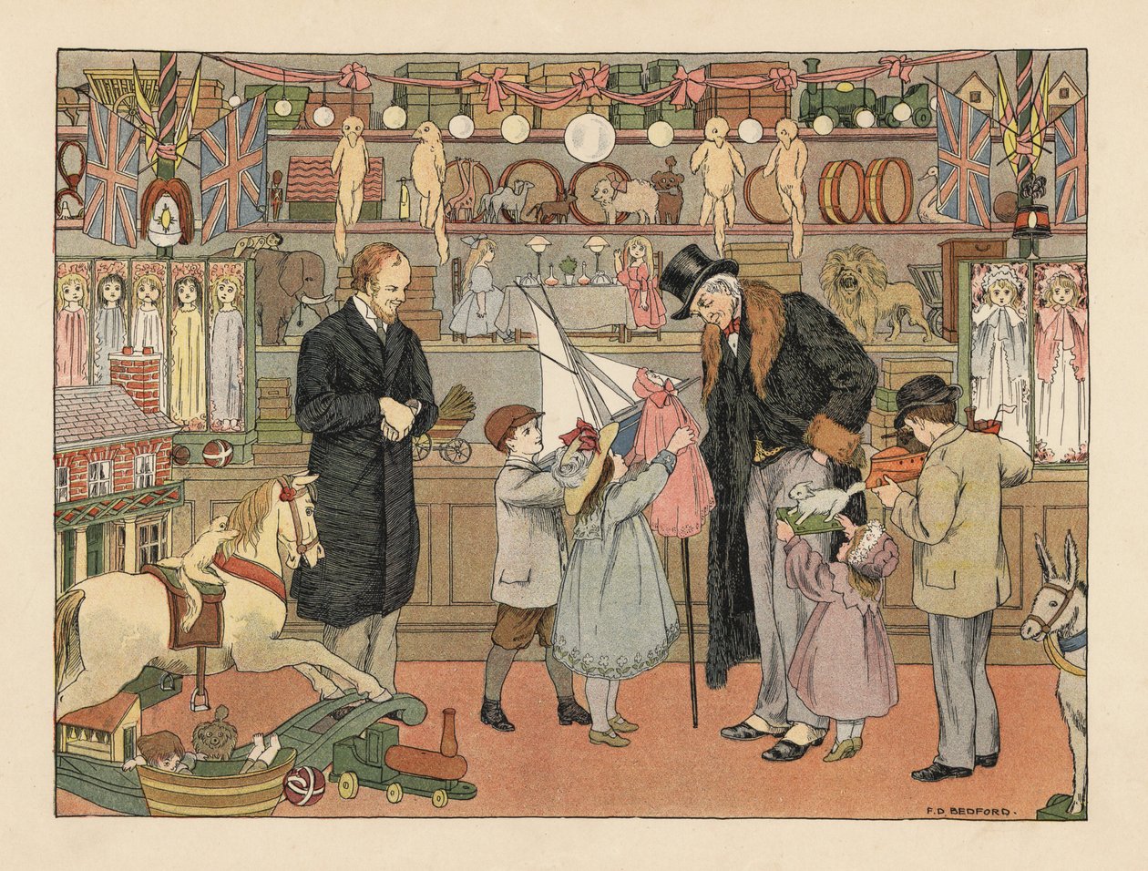 Victoriaanse kinderen kiezen speelgoed met hun oom in een speelgoedwinkel. Chromolithografie naar een illustratie van Francis Donkin Bedford uit The Book of Shops van Edward Verrall Lucas. door Francis Donkin Bedford