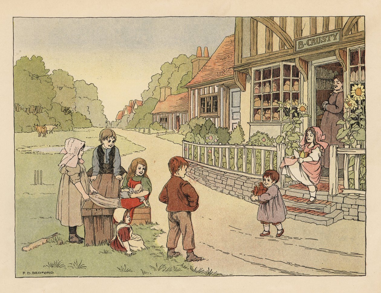 Victoriaanse kinderen buiten de dorpsbakkerij B. Crusty. Chromolithografie naar een illustratie van Francis Donkin Bedford uit The Book of Shops van Edward Verrall Lucas. door Francis Donkin Bedford