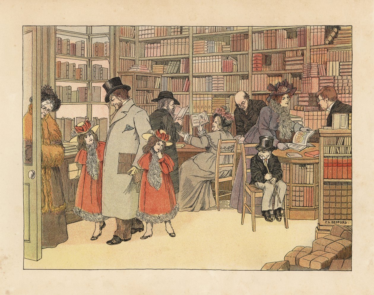 Victoriaanse klanten in een boekwinkel. Chromolithografie naar een illustratie van Francis Dorkin Bedford uit The Book of Shops van Edward Verrall Lucas, Grant Richards, Londen. door Francis Donkin Bedford