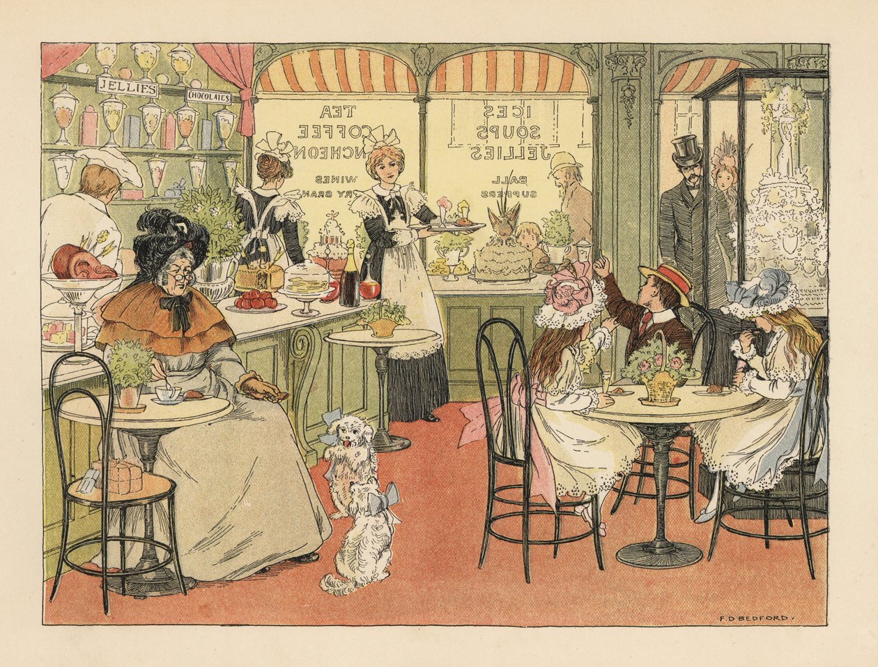 Victoriaanse klanten in een theewinkel en banketbakkers. Chromolithografie naar een illustratie van Francis Donkin Bedford uit The Book of Shops van Edward Verrall Lucas. door Francis Donkin Bedford