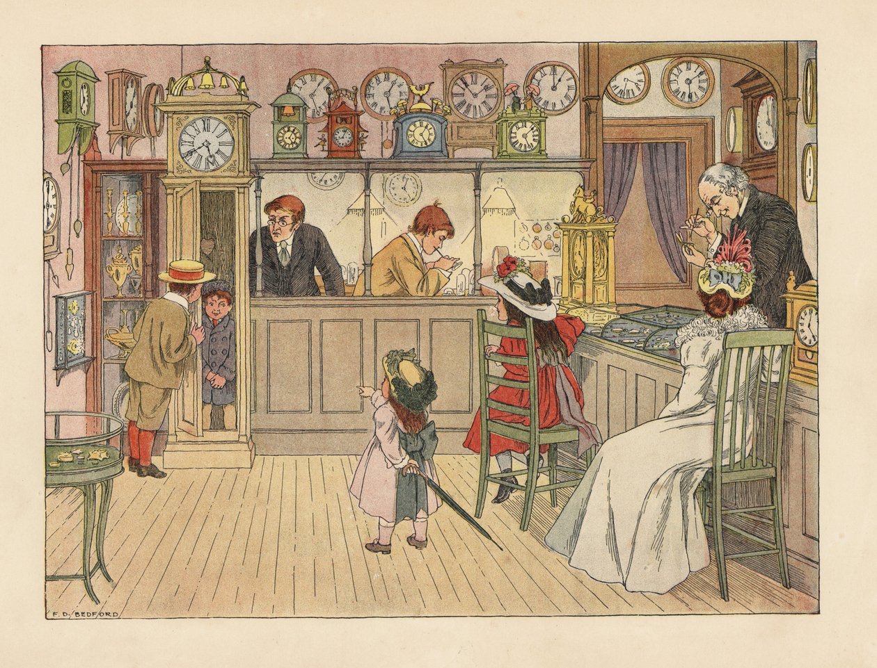 Victoriaanse familie bij de horlogemaker. Kinderen spelen in een staande klok, terwijl een bediende een horloge repareert. Chromolithografie naar een illustratie van Francis Donkin Bedford uit The Book of Shops van Edward Verrall Lucas. door Francis Donkin Bedford