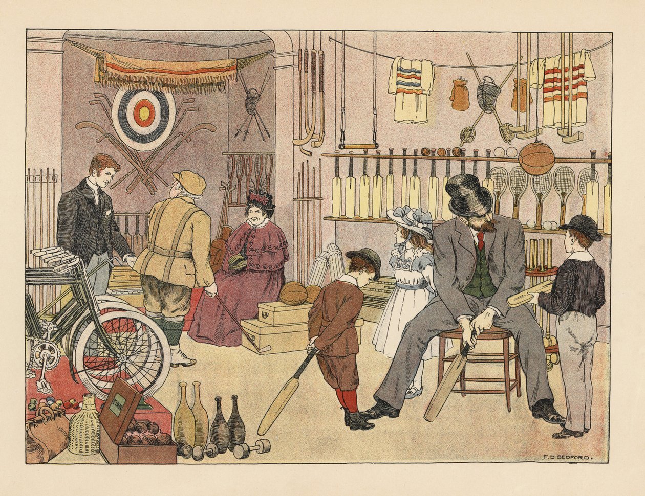 Victoriaanse vader en kinderen kopen cricketbatjes bij de sportwinkel. Golfer in plus fours met een winkelbediende. Chromolithografie naar een illustratie van Francis Donkin Bedford uit The Book of Shops van Edward Verrall Lucas. door Francis Donkin Bedford