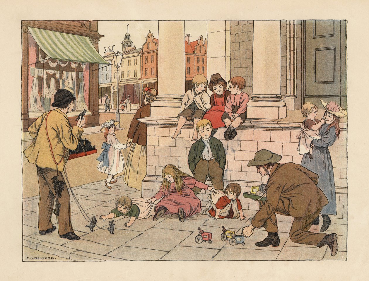 Victoriaanse stoeprandenverkopers verkopen penny-speelgoed aan kinderen in een Londense straat. Chromolithografie naar een illustratie van Francis Donkin Bedford uit The Book of Shops van Edward Verrall Lucas. door Francis Donkin Bedford