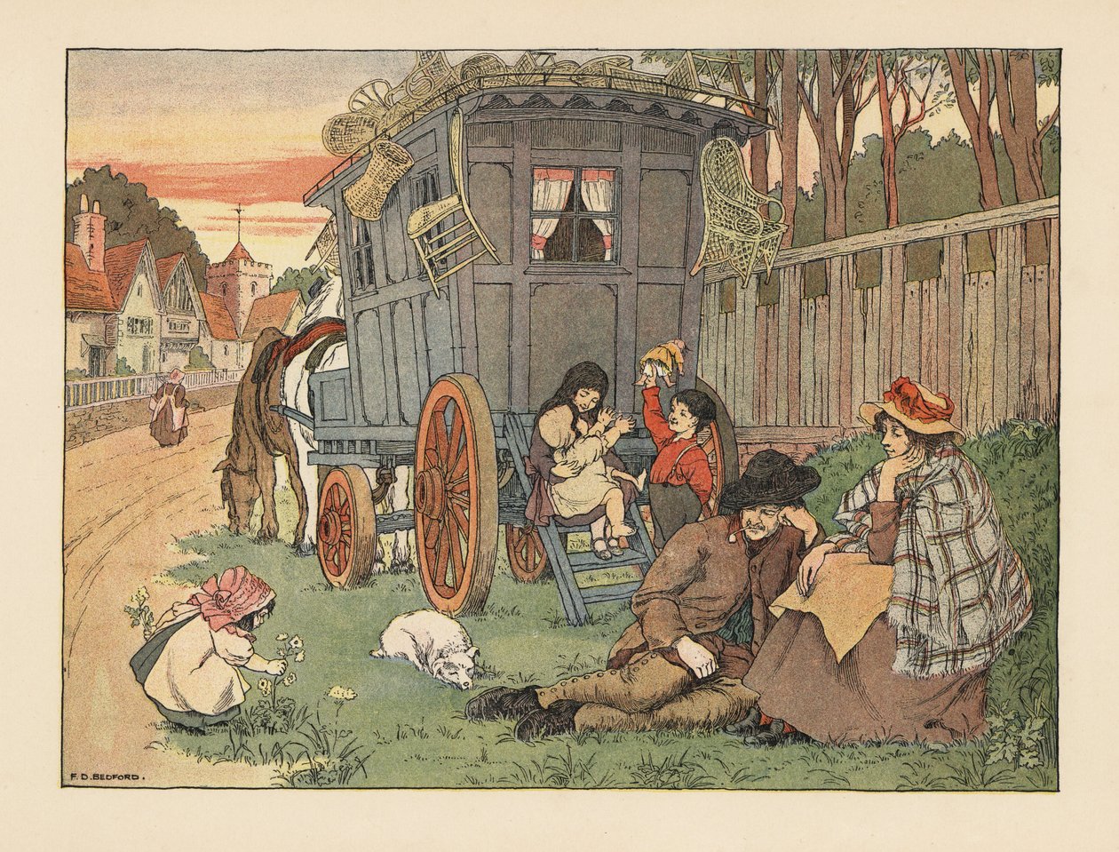 Victoriaanse reizende basketbalmakers met hun waren op het dak van hun caravan. Chromolithografie naar een illustratie van Francis Donkin Bedford uit The Book of Shops van Edward Verrall Lucas. door Francis Donkin Bedford