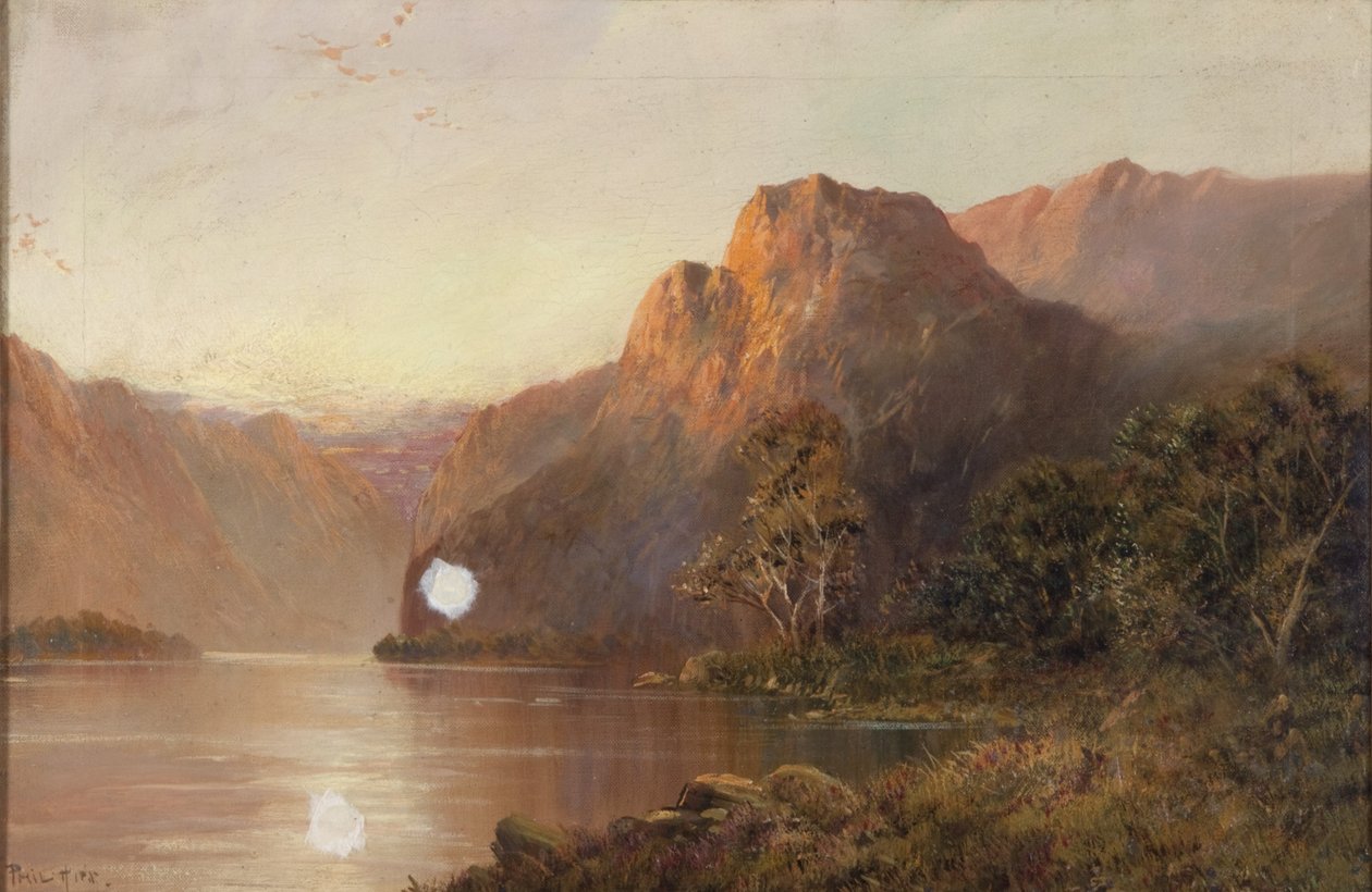 Meer en Bergen (olieverf op doek) door Francis E. Jamieson