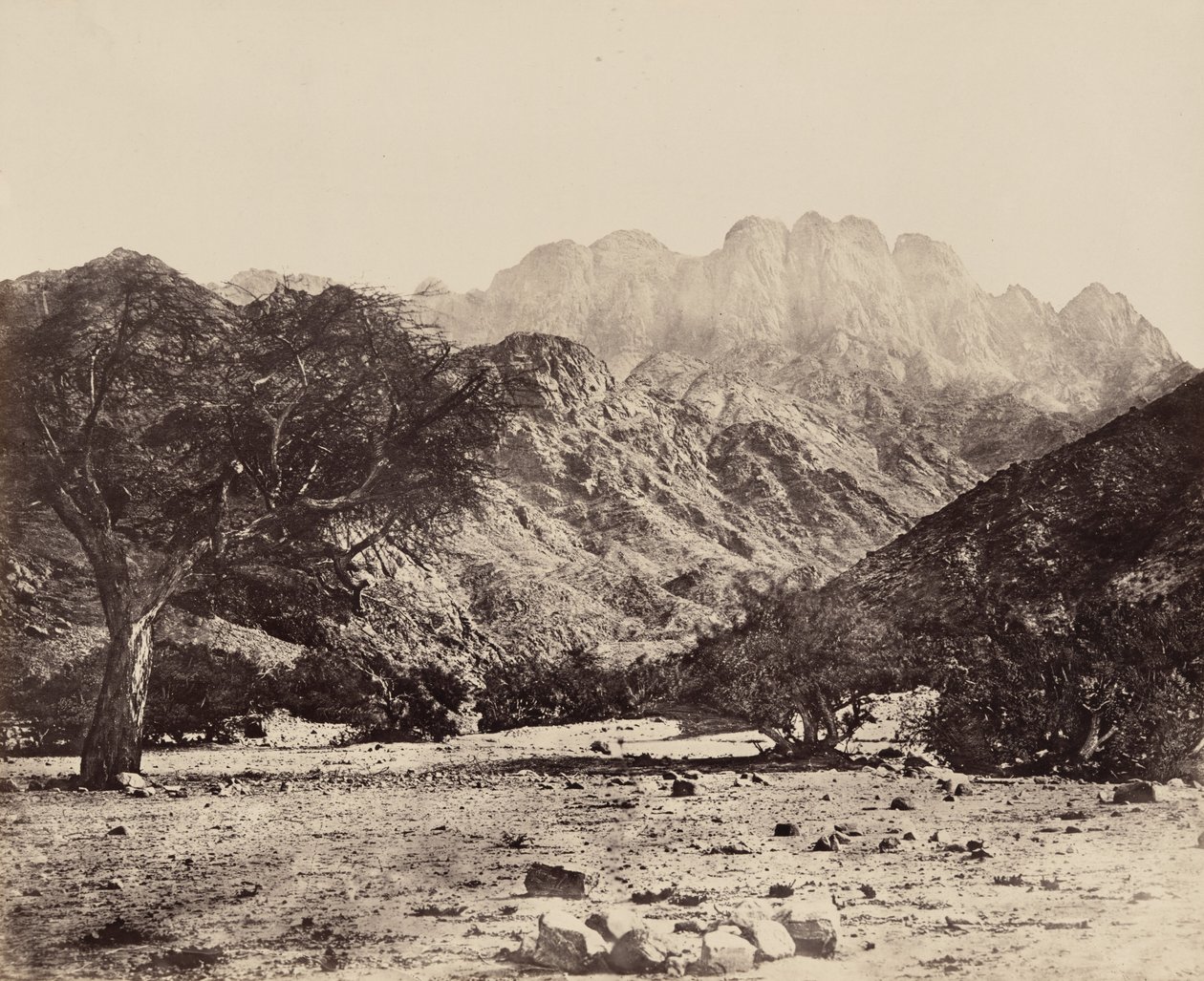 De berg Serbal, vanaf de Wádee Feyrán, Egypte,1858 (foto) door Francis Frith