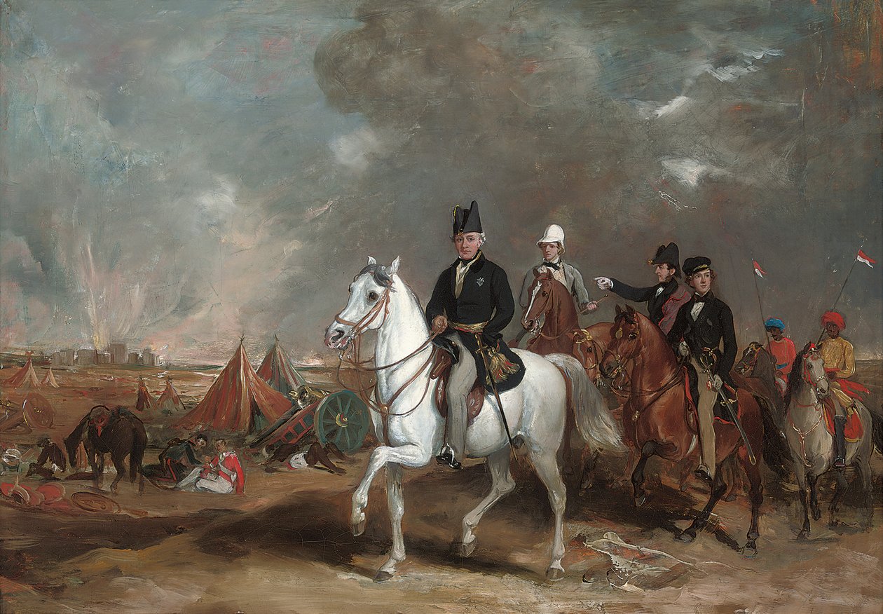 De Burggraaf Hardinge, Gouverneur-generaal van India, vergezeld door zijn twee zonen en Kolonel Wood, op het slagveld van Ferozeshah door Francis Grant