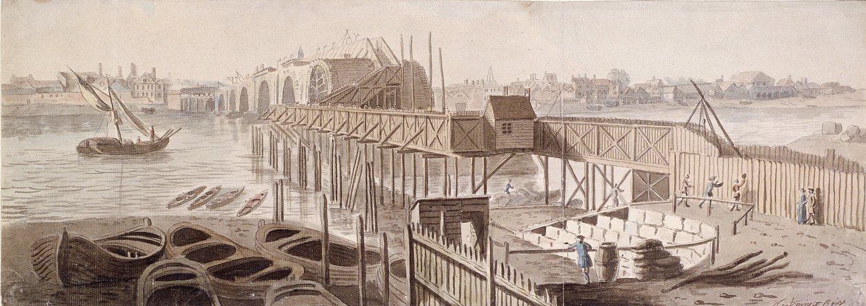 Bouw van de Blackfriars-brug door Francis Grose