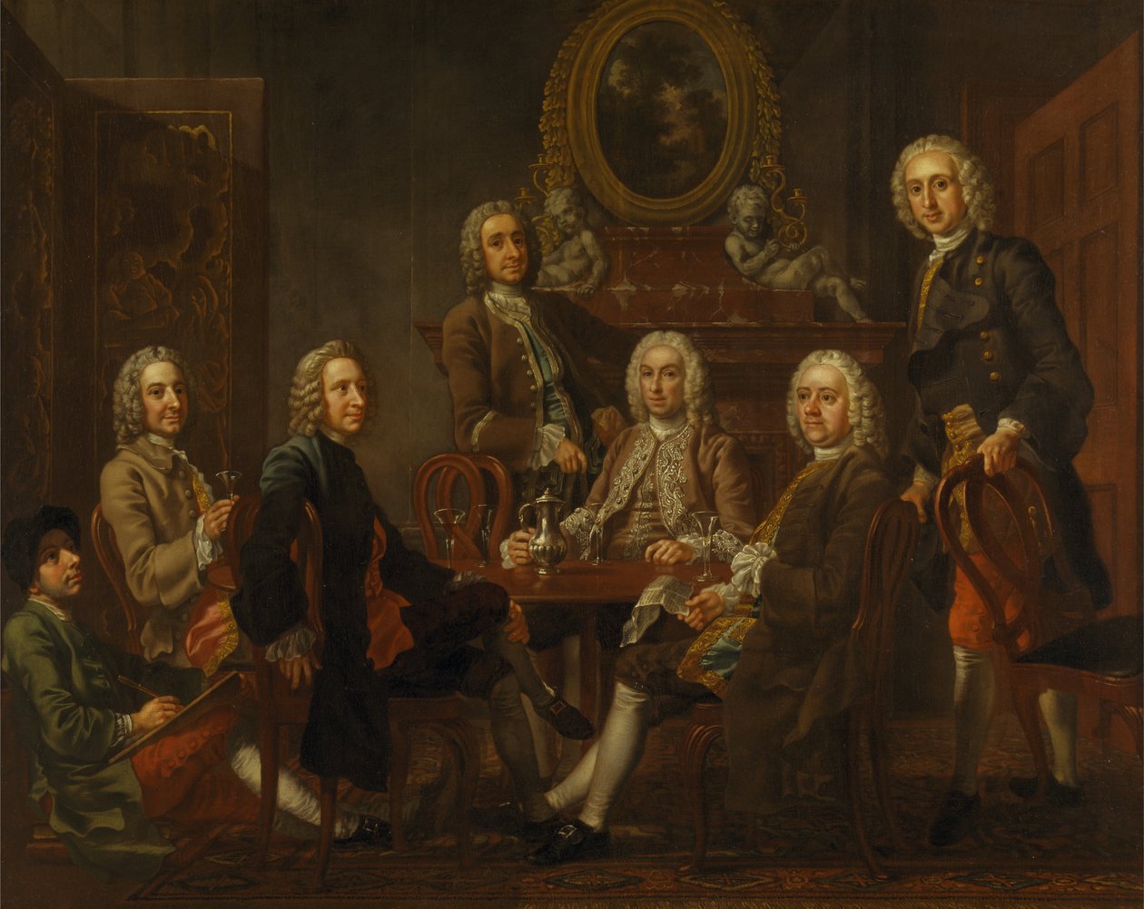Portret van een groep heren, met de kunstenaar door Francis Hayman