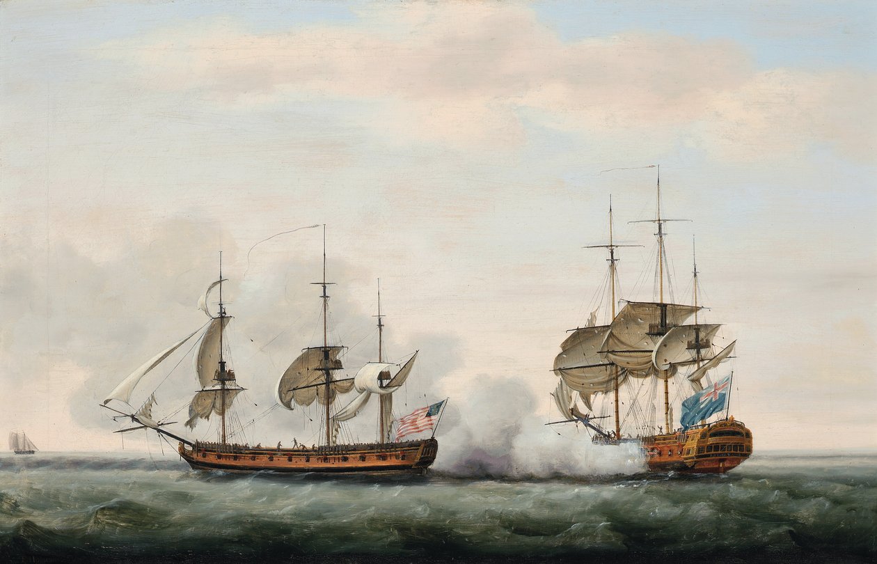 Het schip Bridgewater van de Oost-Indische Compagnie verdedigt met succes haar lading tegen een aanval door de Amerikaanse kaper Hampden op weg van St. Helena naar Engeland op 8 maart 1779 door Francis Holman