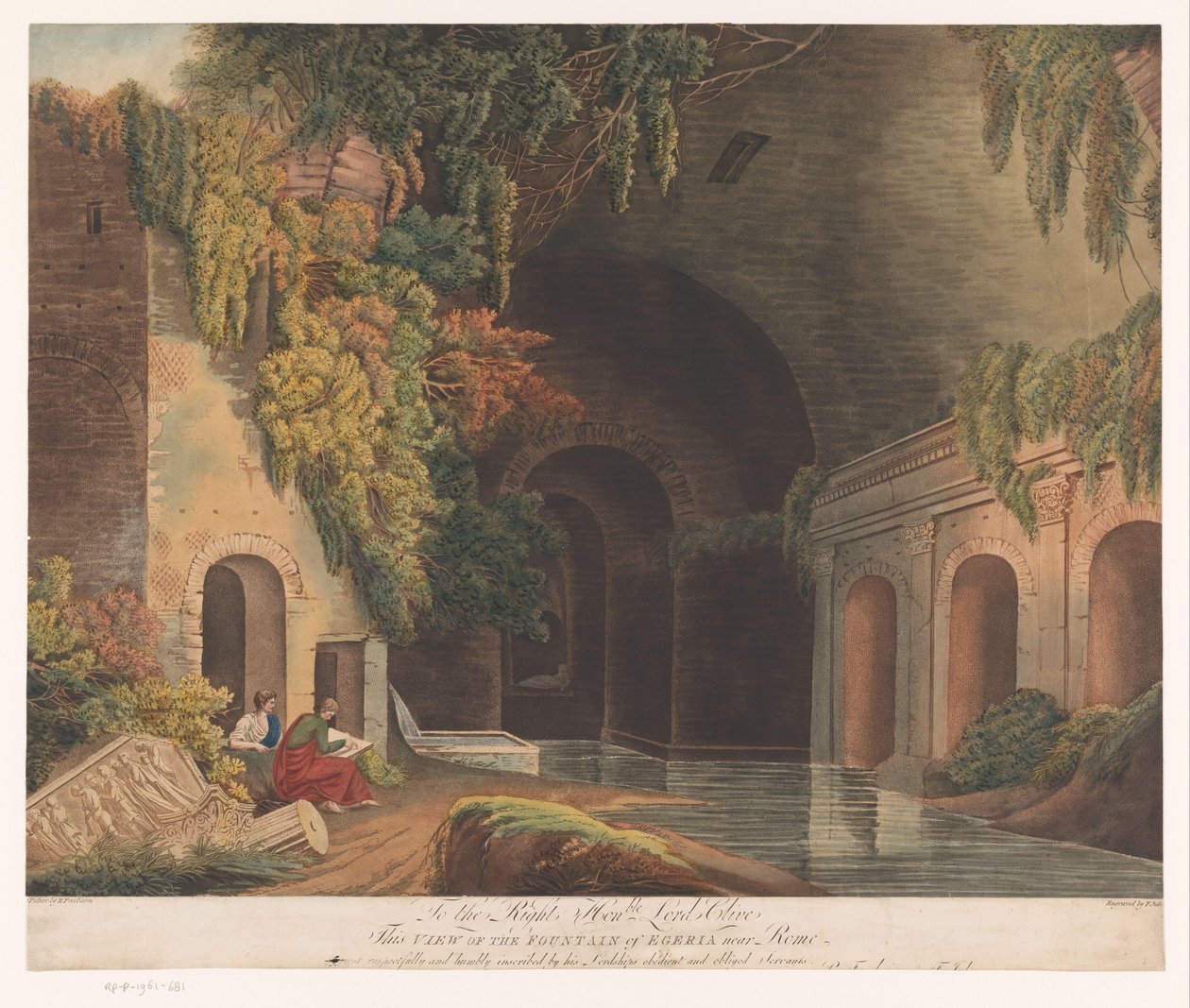 Twee tekenaars bij het Nymphaeum van Egeria in het Caffarella Park bij Rome door Francis Jukes