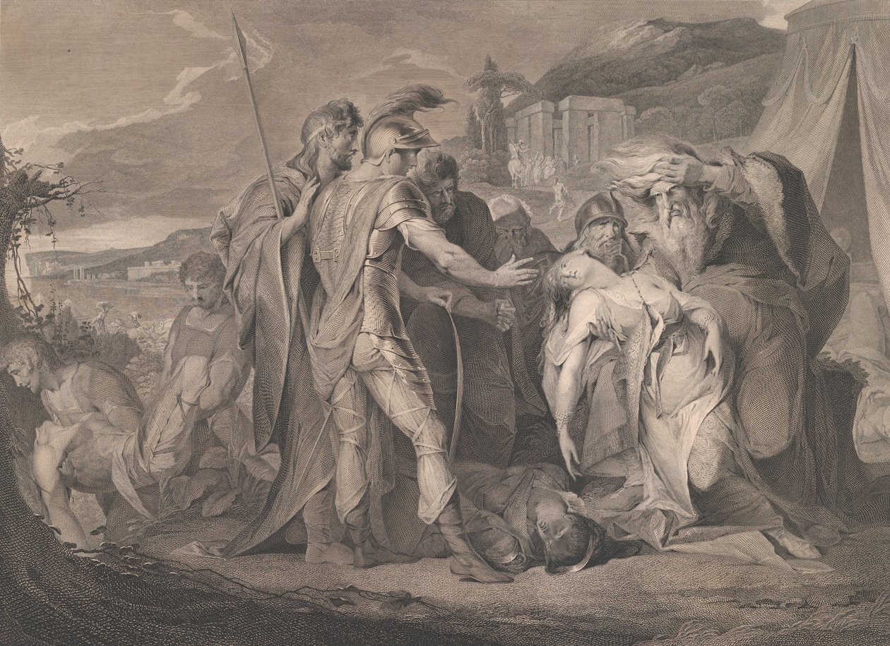 Koning Lear huilt over het lichaam van Cordelia door Francis Legat