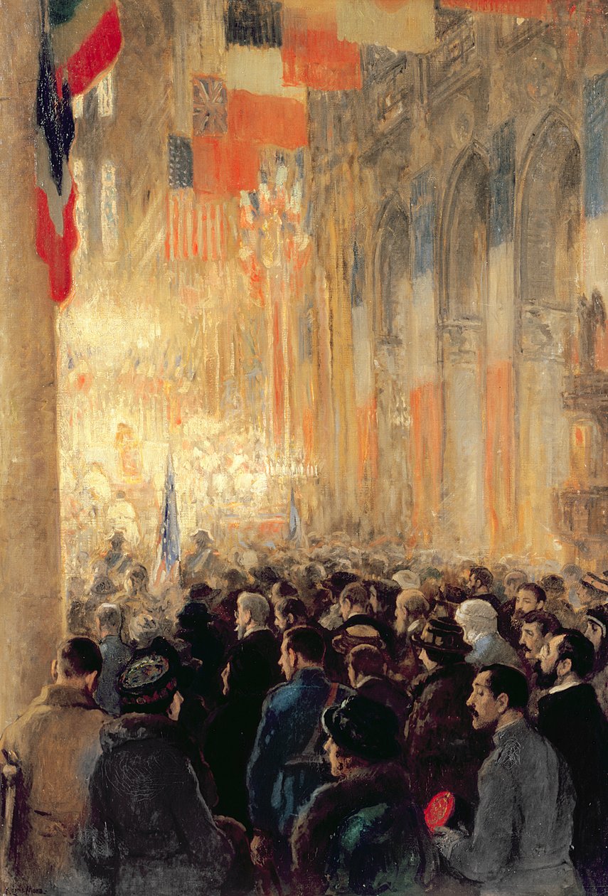 Dienst in de Notre Dame, dankzegging voor de overwinning na de Grote Internationale Oorlog door Francis Luis Mora