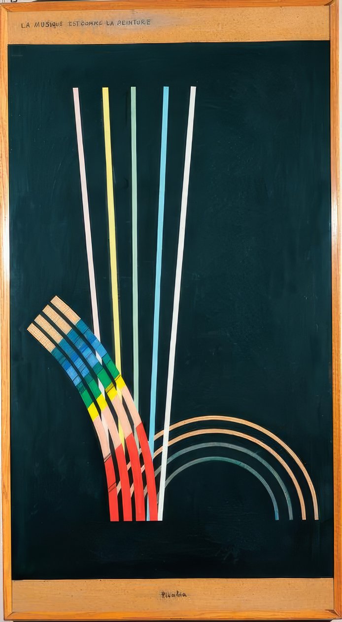 Alles. Zwarte kleuren, witte, rode, blauwe, gele lijnen, krommen, rechte lijnen, bogen. door Francis Picabia