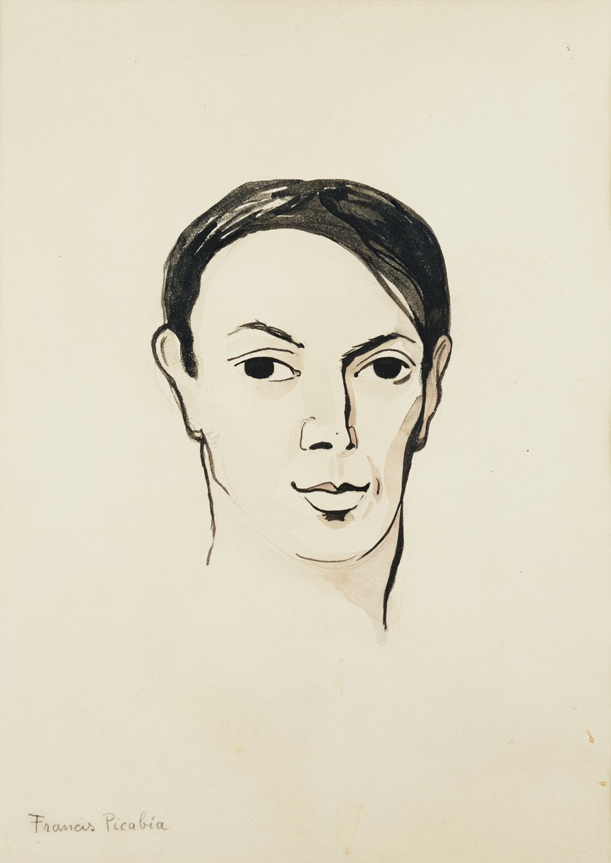 Portret van Pablo Picasso; Portrait de Pablo Picasso, ca. 1902-1905 (aquarel, penseel en zwarte inkt en potlood op papier) door Francis Picabia
