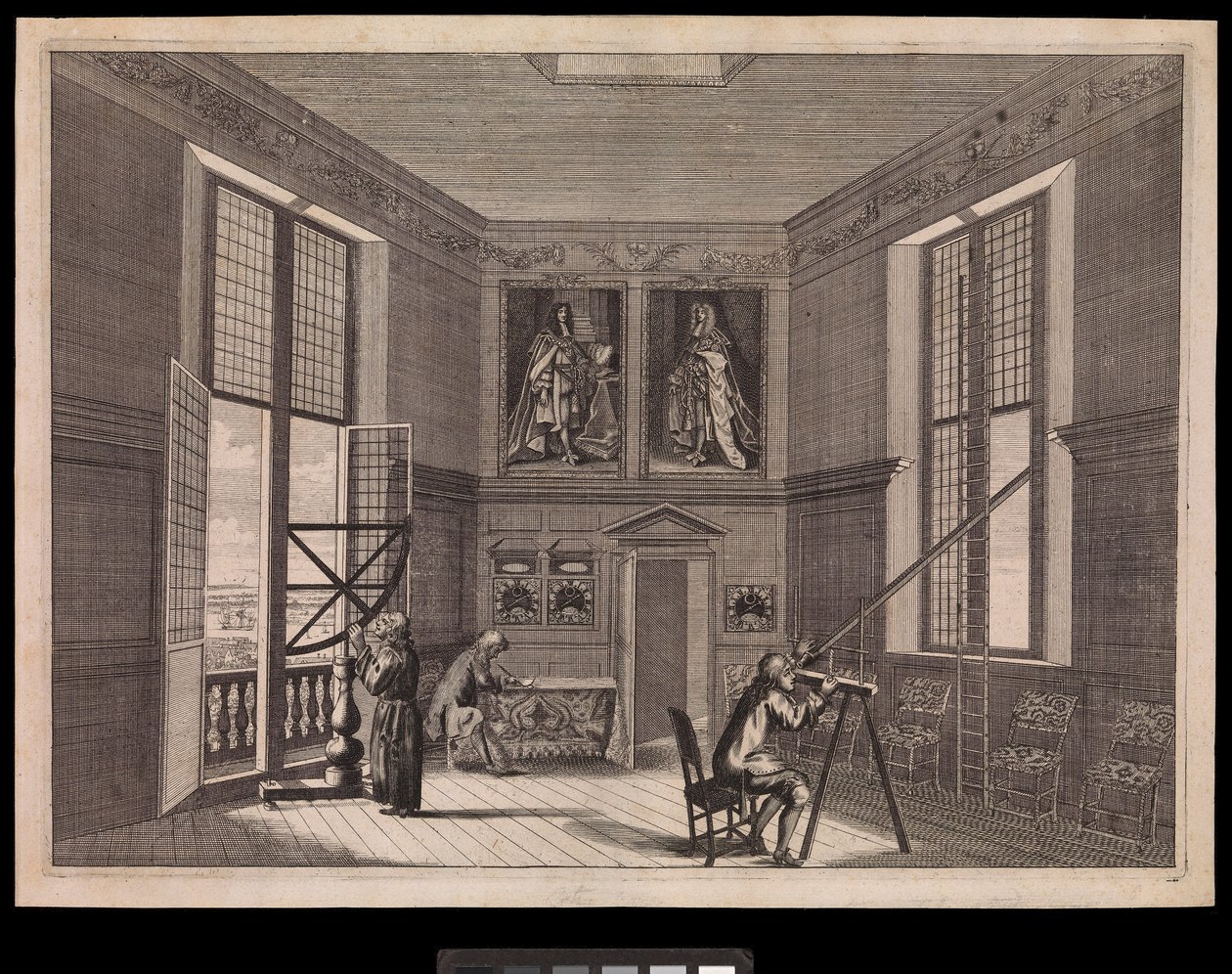 Drie figuren die astronomische apparatuur gebruiken in de Grote Sterrenkamer of de Octagonkamer, zoals het vandaag bekend is, in het Koninklijk Observatorium, ca. 1676 door Francis Place