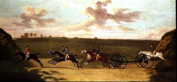 De koetswedstrijd in Newmarket, tegen de tijd, 29 augustus 1750 door Francis Sartorius