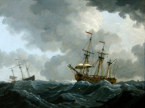 Een Marine: twee fregatten in een naderende storm door Francis Swaine