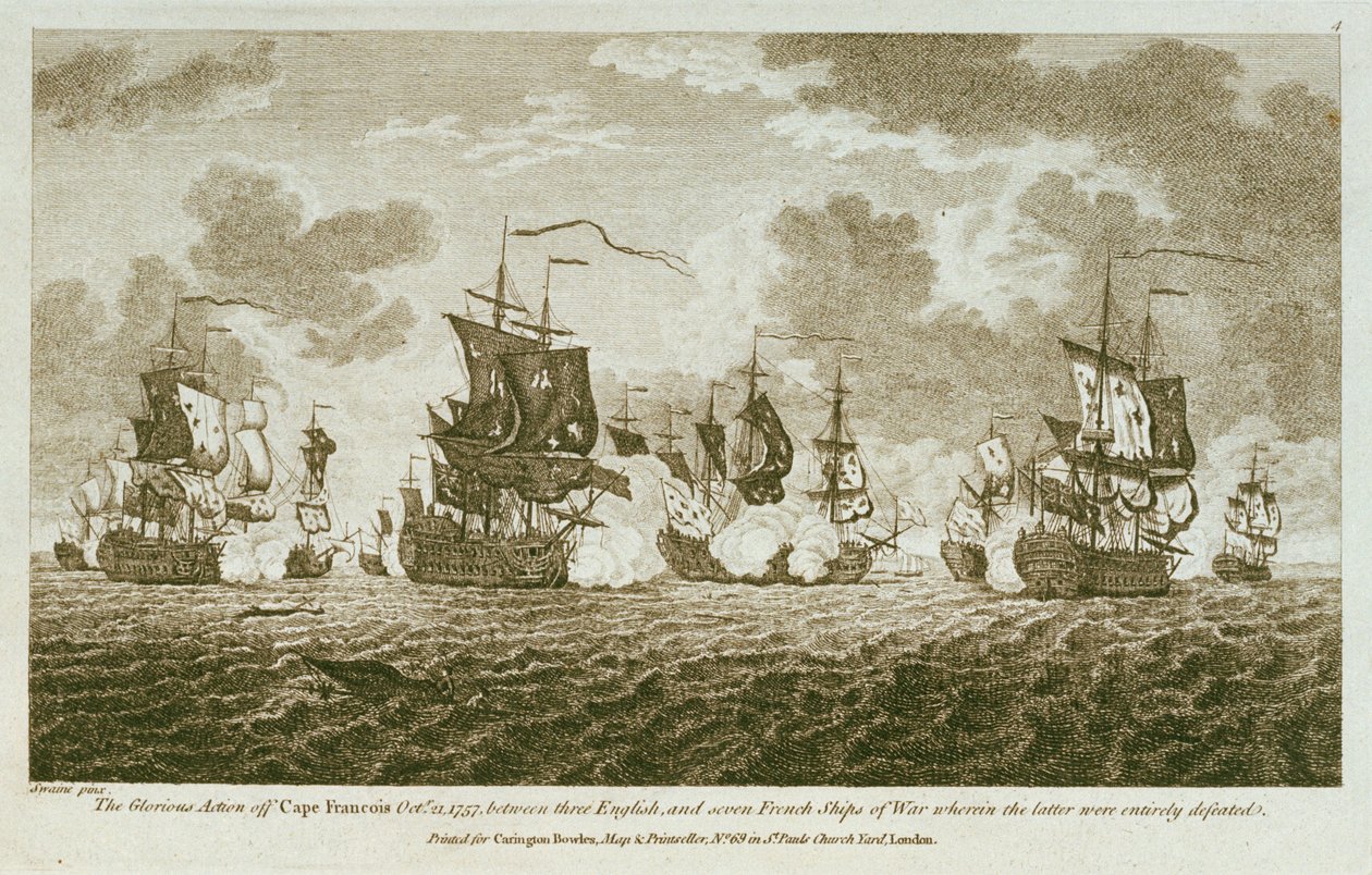 Twaalf Prenten van Zeegevechten. De Glorieuze Actie bij Kaap Francois 21 oktober 1757, tussen de Engelsen en zeven Franse oorlogsschepen waarbij de laatsten volledig werden verslagen. door Francis Swaine