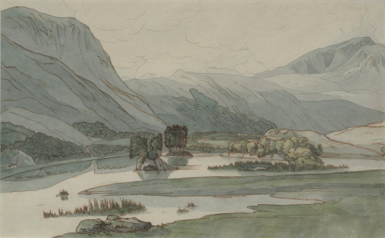 Rydal Water met de Grasmere Heuvels, 1786 door Francis Towne