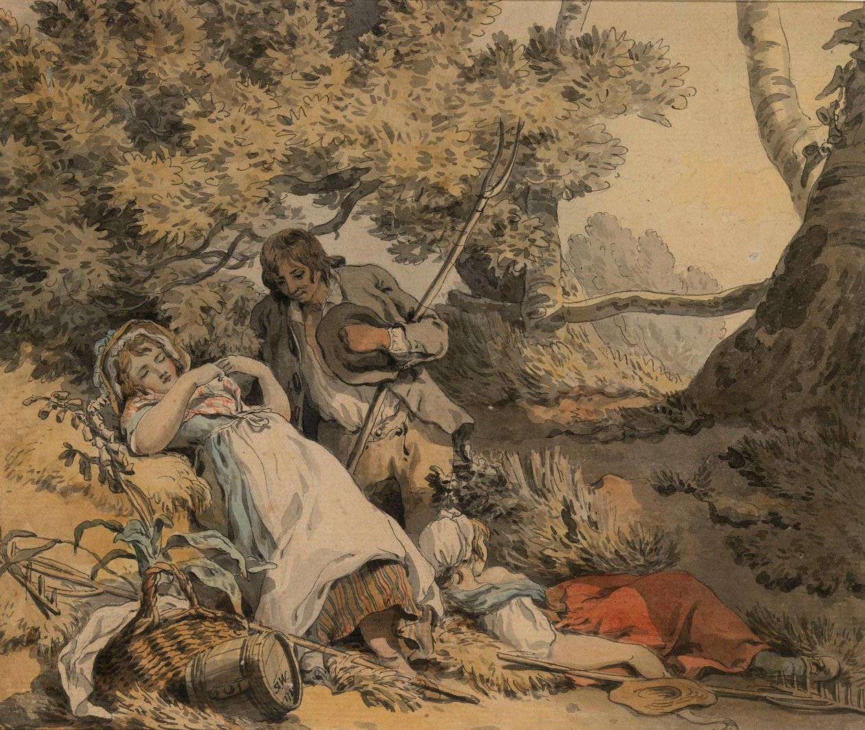 Een herder en twee herderinnen rusten in de schaduw door Francis Wheatley