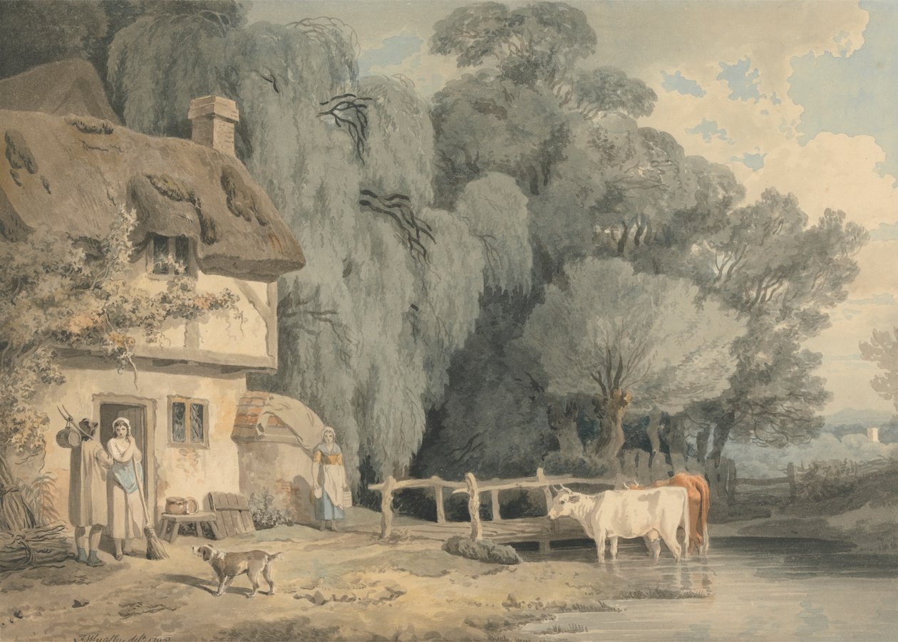 Plattelandstafereel: figuren bij een huisdeur en vee in een stroom door Francis Wheatley