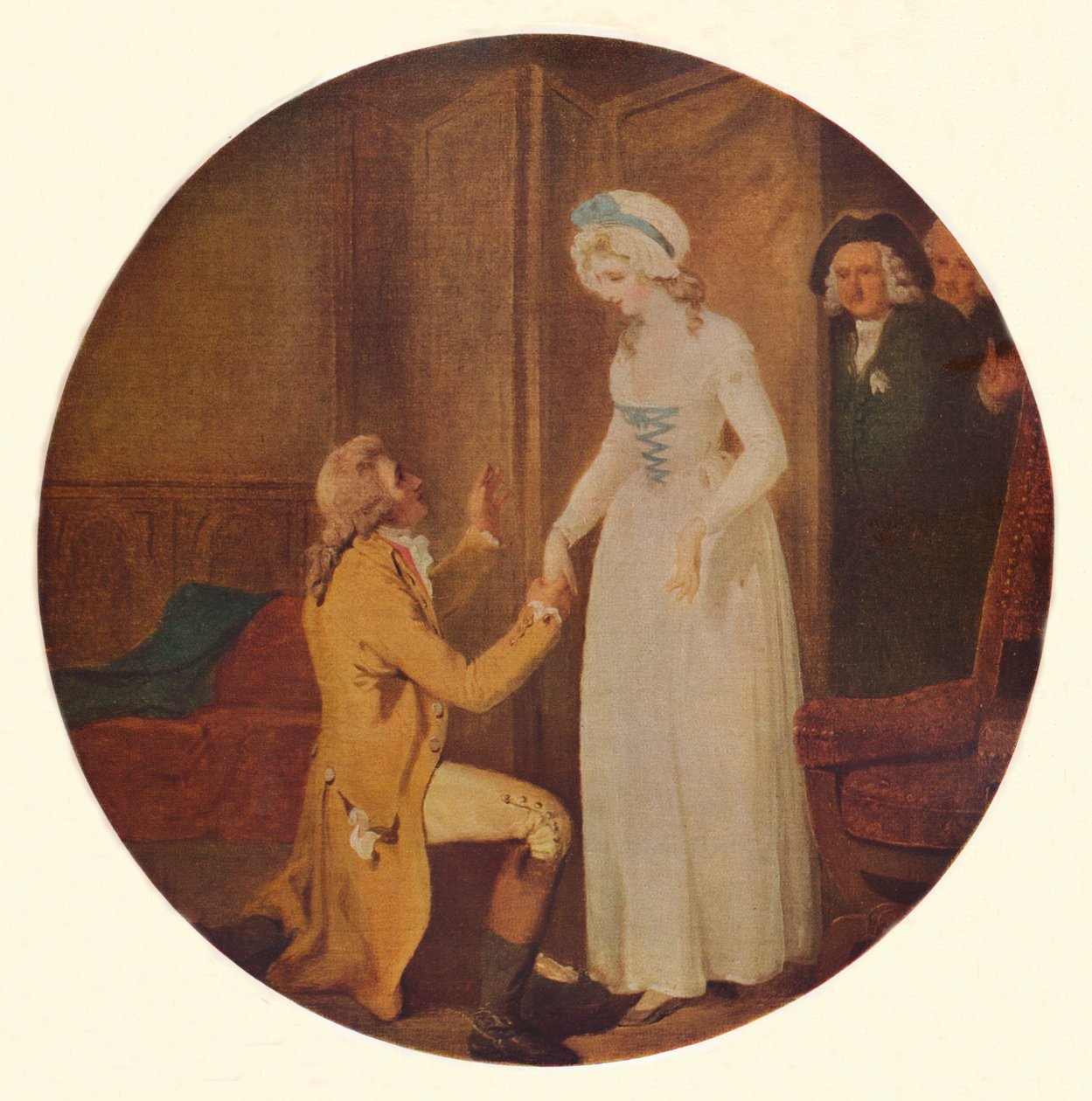 Jonge Marlow en Miss Hardcastle: Een scène uit She Stoops to Conquer van Oliver Goldsmith Act V door Francis Wheatley