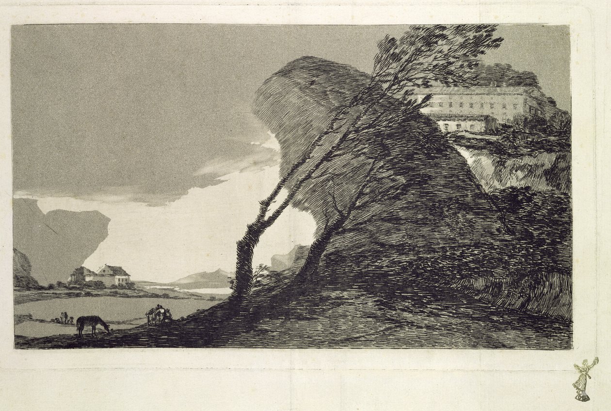 Landschap met Grote Rotsen, Gebouwen en Bomen, voor 1810 door Francisco de Goya