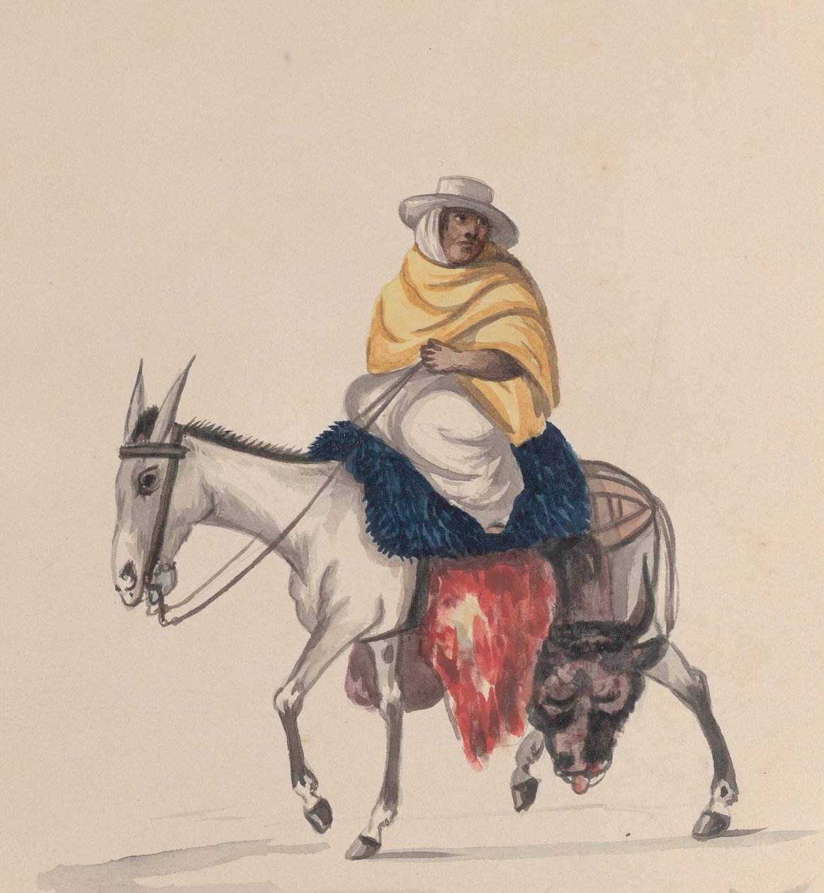 Een slager die op een ezel rijdt, uit een groep tekeningen die Peruaanse kostuums uitbeelden door Francisco