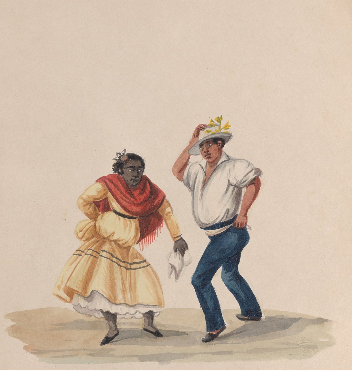 Een man en een vrouw dansen, uit een groep tekeningen die Peruaanse kostuums uitbeelden, 1848 door Francisco