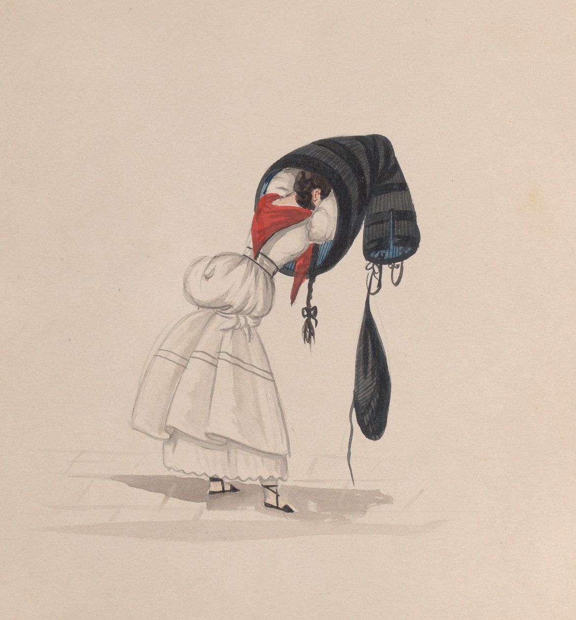 Een vrouw die haar saya aantrekt, gezien van achteren, uit een groep tekeningen die... ca. 1848 door Francisco