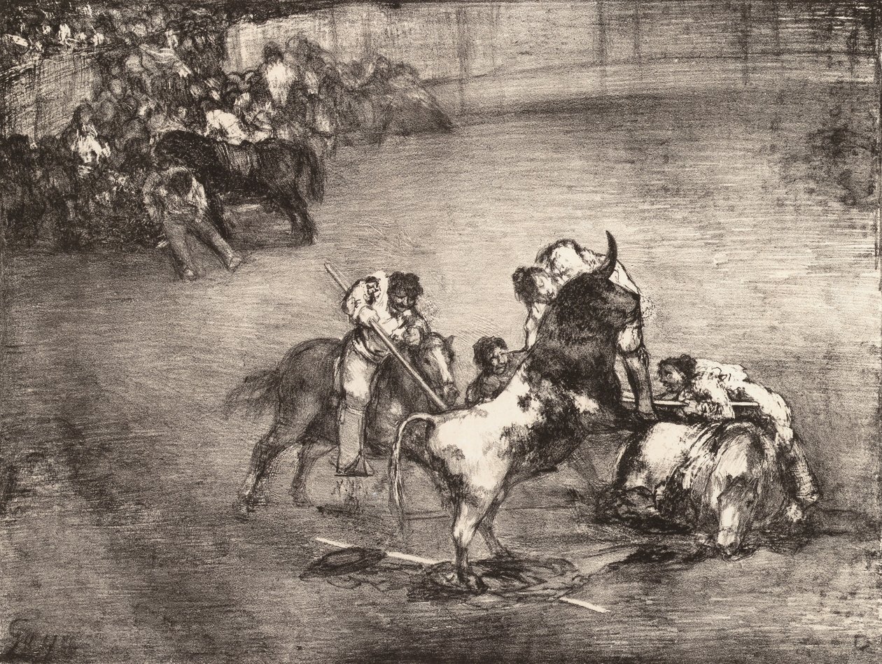 Een picador gevangen door een stier, uit de 