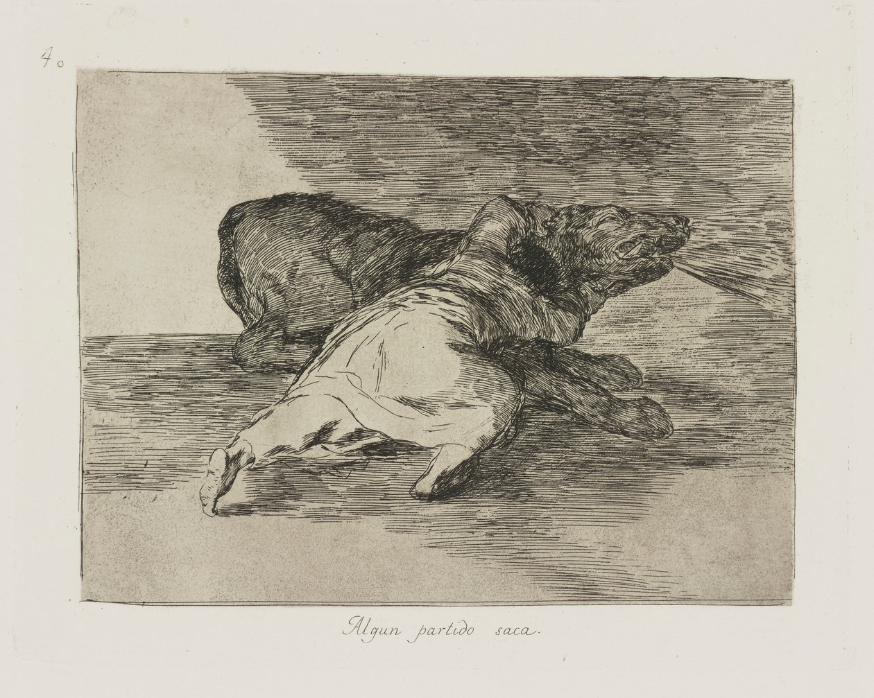 Hij Haalt Er Iets Uit, pl. 40 uit de serie Los desastres de la guerra door Francisco de Goya
